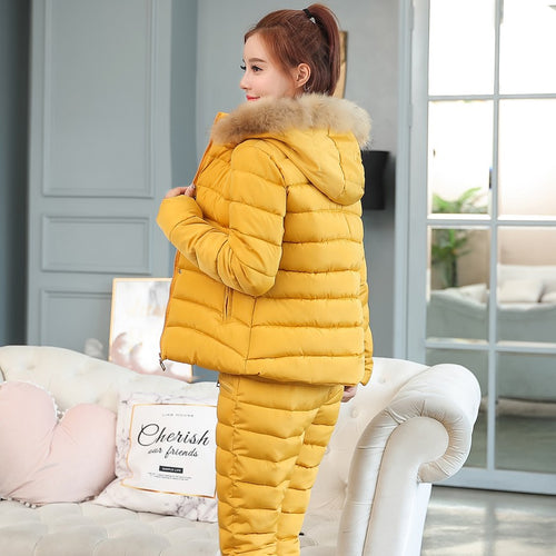 2019 Fashion Winter Women Warm Snow Set Hooded Parka Coat+Pant Tracksuit Two Piece Set Female Down Cotton Jacket Suit For Women