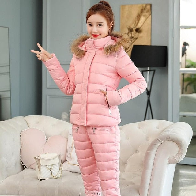 2019 Fashion Winter Women Warm Snow Set Hooded Parka Coat+Pant Tracksuit Two Piece Set Female Down Cotton Jacket Suit For Women