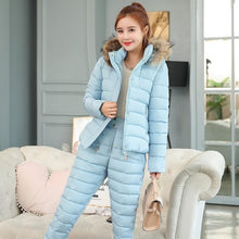 Load image into Gallery viewer, 2019 Fashion Winter Women Warm Snow Set Hooded Parka Coat+Pant Tracksuit Two Piece Set Female Down Cotton Jacket Suit For Women