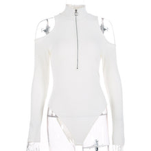 Load image into Gallery viewer, Autumn Black White Long Sleeve Bodysuit Winter Elegant Turtleneck Body Femme Zip Sexy Hollow Out Ribbed Bodycon Bodysuits M0584
