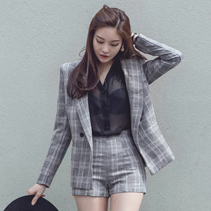 2018 Office Lady Elegant Plaid Short Pant Suits Autumn  2 Two Piece Outfits Women Notched Jacket Blaze & Short Femme Sets