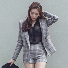 Load image into Gallery viewer, 2018 Office Lady Elegant Plaid Short Pant Suits Autumn  2 Two Piece Outfits Women Notched Jacket Blaze &amp; Short Femme Sets
