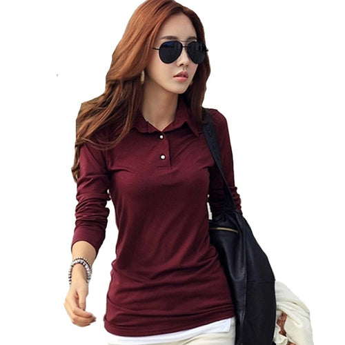 Spring Autumn Winter Casual Polo Women New Long Sleeve Slim Polos Mujer Black White Red Women Tops For Lady Polo Shirt Female